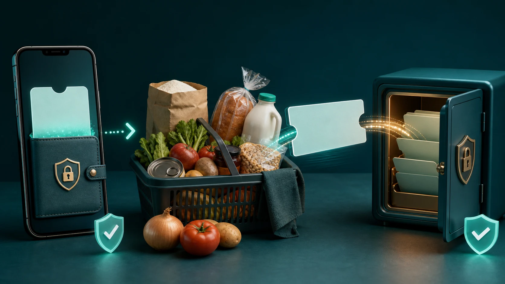 Family grocery voucher moving from a digital wallet into secure delivery