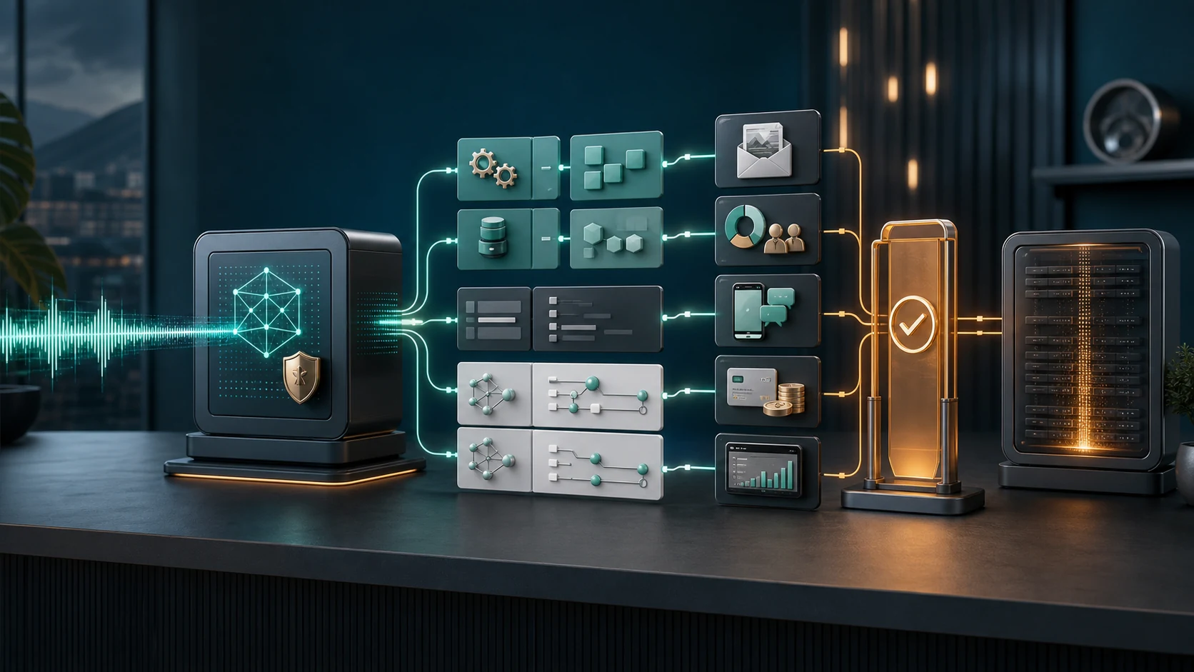 Voice instruction flowing through MCP, CLI and API tools with a human approval gate